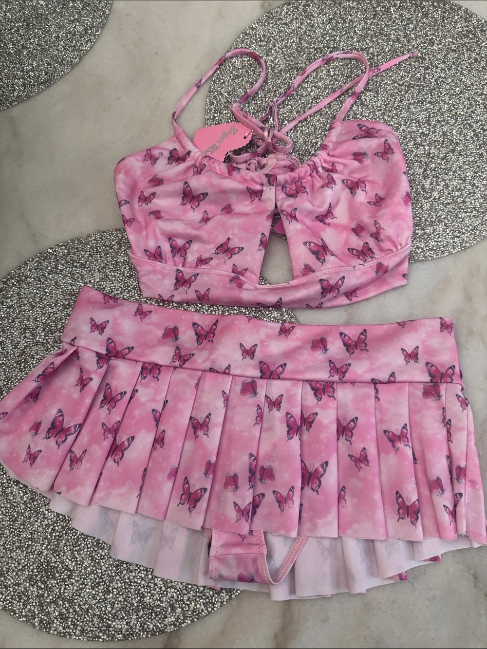 Sugar Thrillz Pink Butterfly Print Strappy Bralette & Pleated Mini Skirt Set